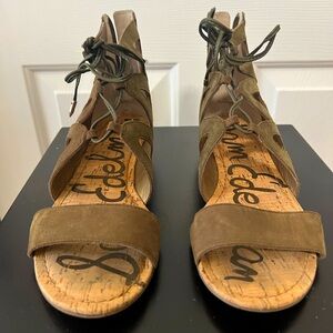 Sam Edelman gladiator style wedged sandal.  Microsuede olive green upper. Size 8